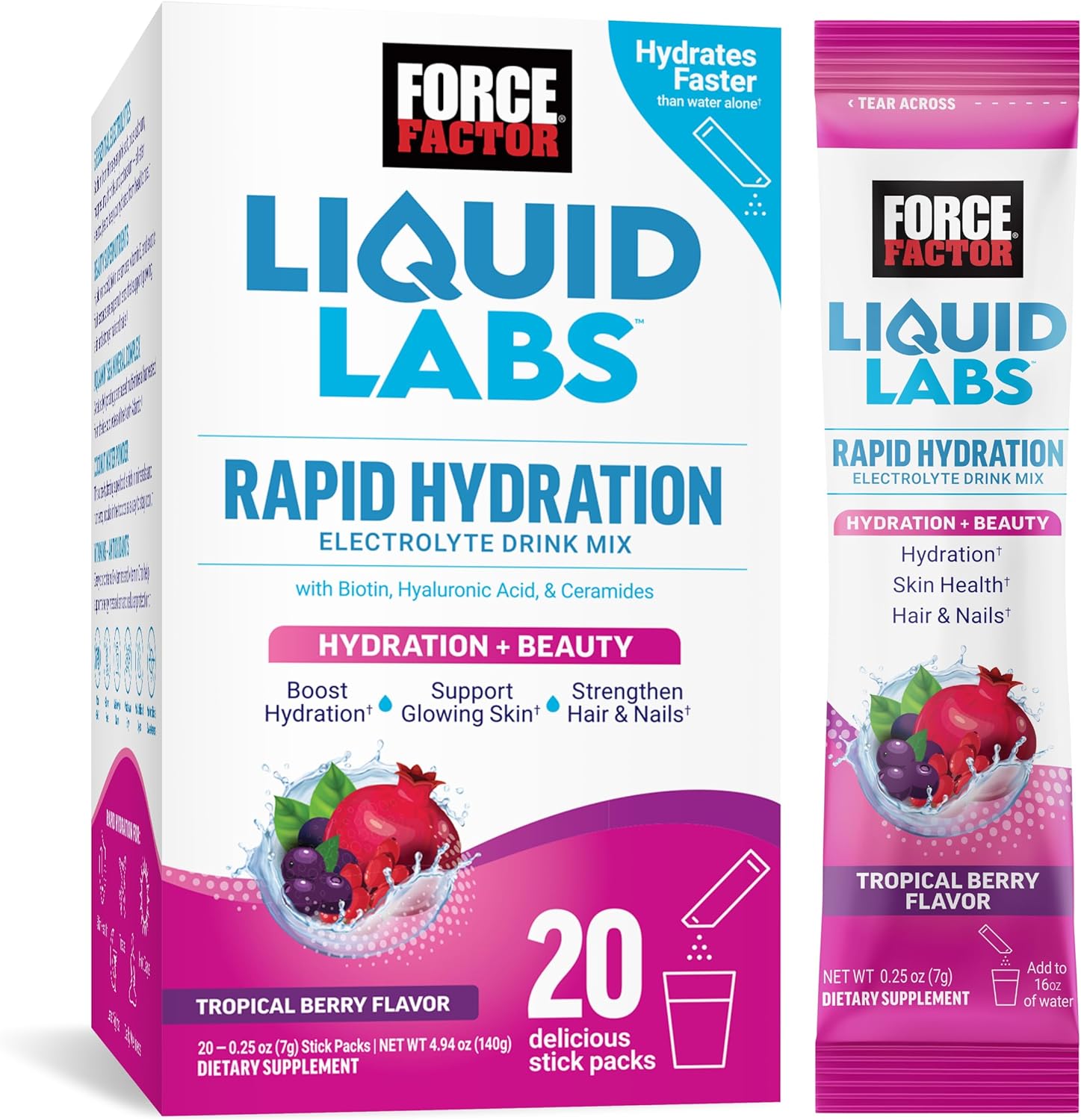 Force Factor Liquid Labs Beauty, Hydration Packet for Stronger Hair, Skin & Nails. Electrolytes powder with Hyaluronic Acid, Biotin, and Ceramides. Tropical Berry Flavor, 20 Stick Packs
