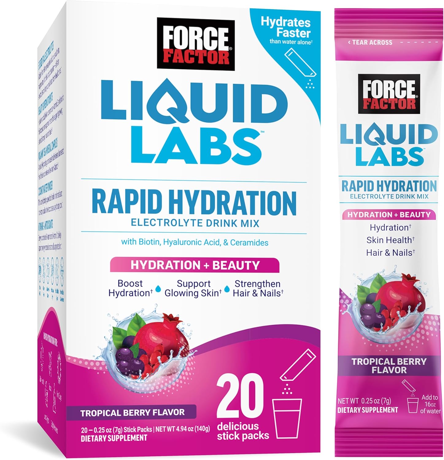 Force Factor Liquid Labs Beauty, Hydration Packet For Stronger Hair, Skin & Nails. Electrolytes Powder With Hyaluronic Acid, Biotin, And Ceramides. Tropical Berry Flavor, 20 Stick Packs