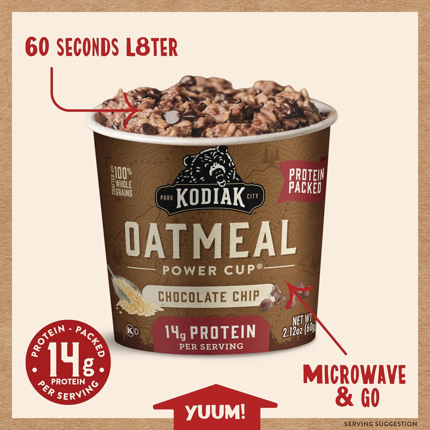 Kodiak Cakes Instant Protein Chocolate Chip Oatmeal in a Cup, 2.12oz (Pack of 12) : Everything Else