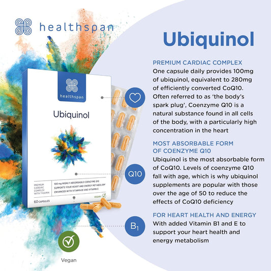 Healthspan Ubiquinol 100Mg | 60 Capsules | Coenzyme Q10 | Added Vitamin B1 | Heart Health | Energy Metabolism | Vegan