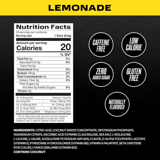 Prime Hydration+ Sticks Lemonade | Hydration Powder Single Serve Sticks | Electrolyte Powder On The Go | 250Mg Bcaas, B Vitamins, Antioxidants | Low Sugar | Caffeine-Free | Vegan | 48 Sticks