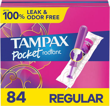 Tampax Pocket Radiant Compact Plastic Tampons, With Leakguard Braid, Regular Absorbency, Unscented, 28 Count