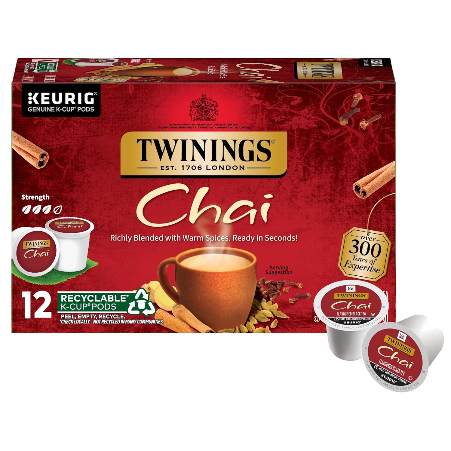 Twinings Chai Black Tea K-Cup Pods For Keurig, 12 Count (Pack Of 6), Naturally Sweet, Savoury Spice Flavour, Caffeinated, Enjoy Hot Or Iced