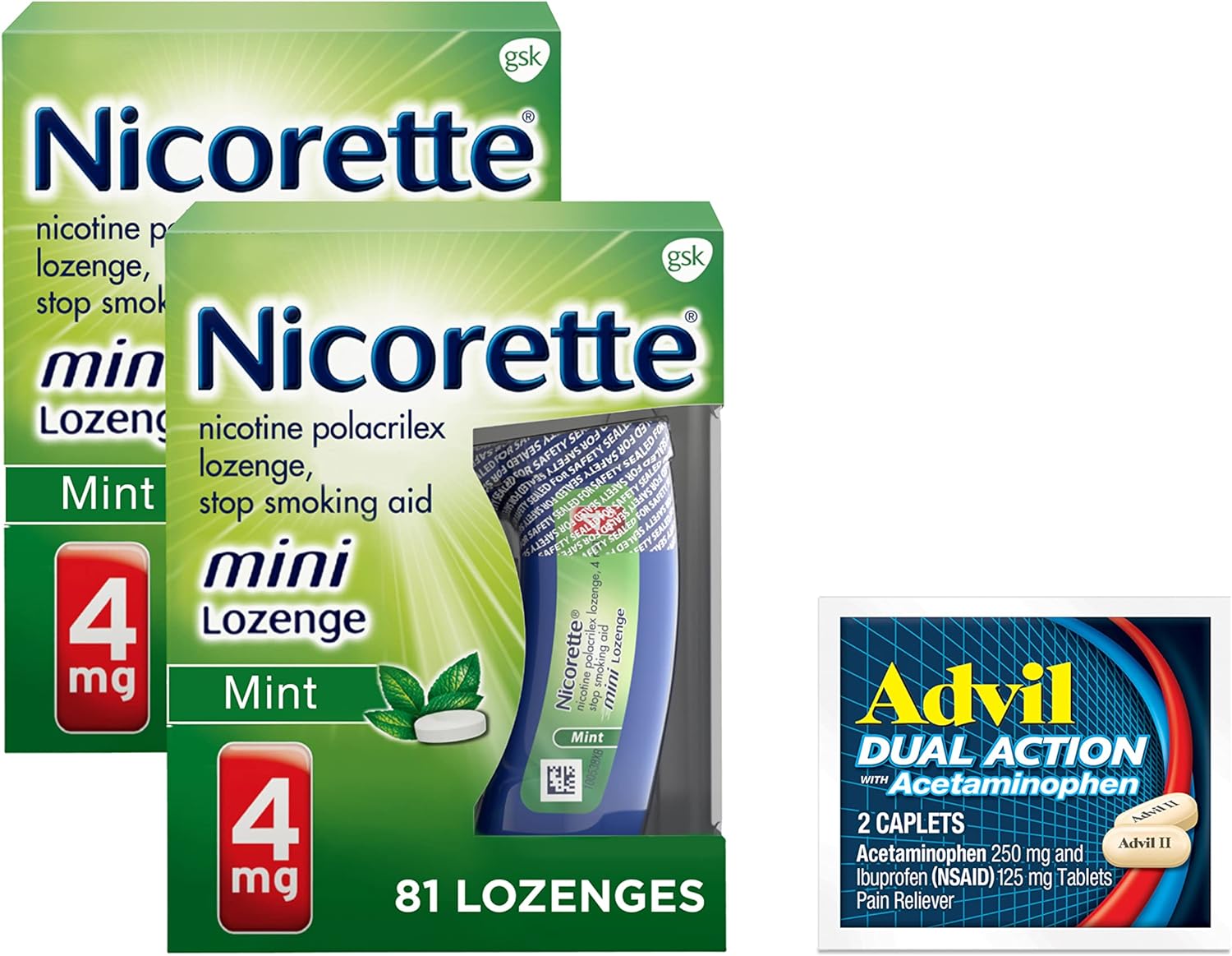 Nicorette 4 mg Mini Nicotine Lozenges to Help Stop Smoking - Mint Flavored Stop Smoking Aid, 2-Pack, 81 Count, Plus Advil Dual Action Coated Caplets with Acetaminophen, 2 Count