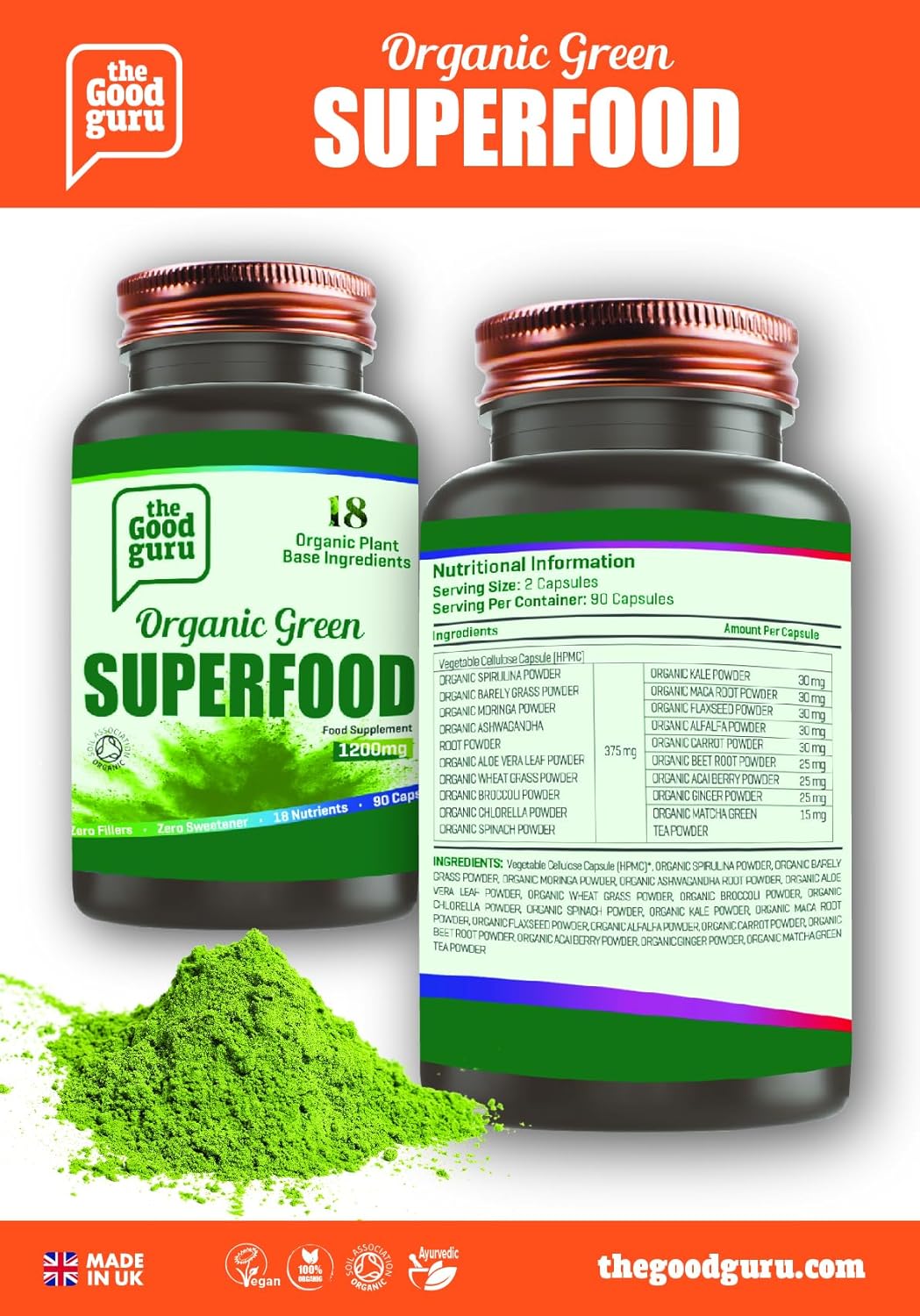 The Good Guru Organic Green Superfood Supplement Capsules - 90 Capsules with 18 Nutritious Ingredients : Amazon.co.uk: Health & Personal Care