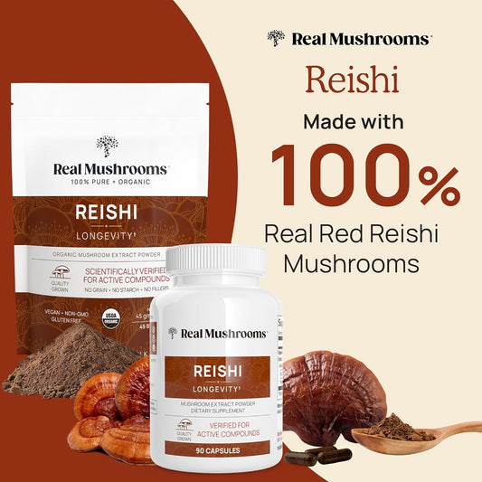 Real Mushrooms Reishi Capsules - Organic Mushroom Extract Supplement With Potent Red Reishi Mushroom - Vegan Mushroom Supplement, Non-Gmo, 90 Caps