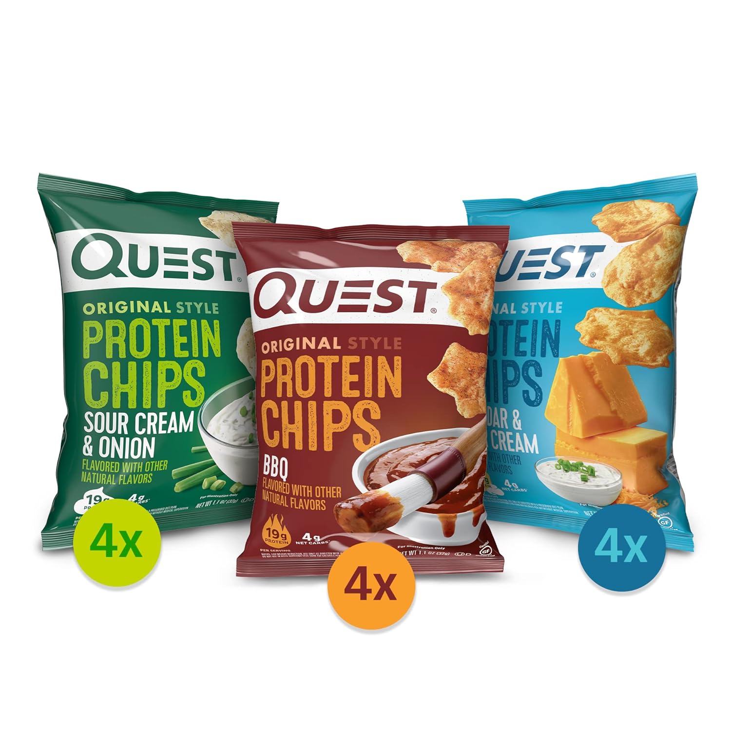 Quest Nutrition Protein Chips Variety Pack, Bbq, Cheddar & Sour Cream, Sour Cream & Onion, High Protein, Low Carb, 1.1 Oz (Pack Of 12)