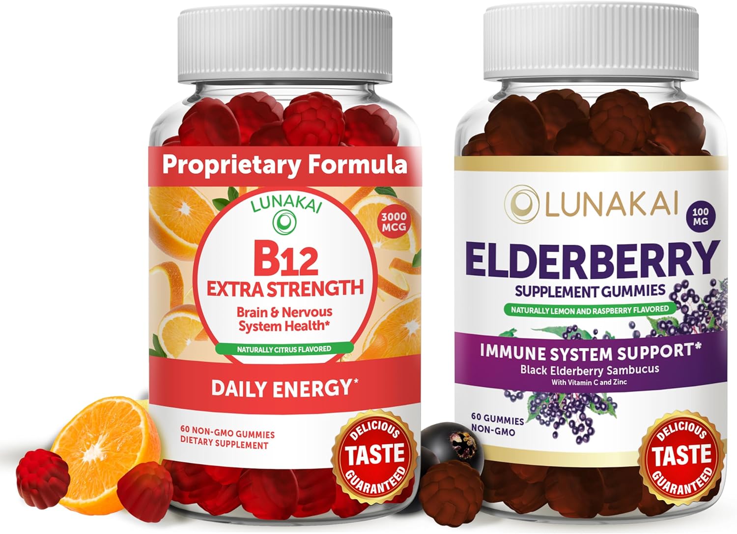 Vitamin B12 and Elderberry Gummies Bundle - Non-GMO, Gluten Free, No Corn Syrup, All Natural Supplements- 60 ct Vitamin B12 Gummies and 60 ct Elderberry Gummies - 30 Days Supply