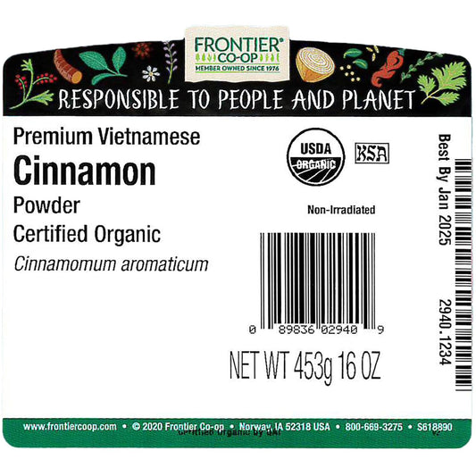 Frontier Organic Ground Vietnamese Cinnamon, 1-Pound Bulk, Premium Quality Cinnamon, Full Balanced Spicy Flavor, Kosher