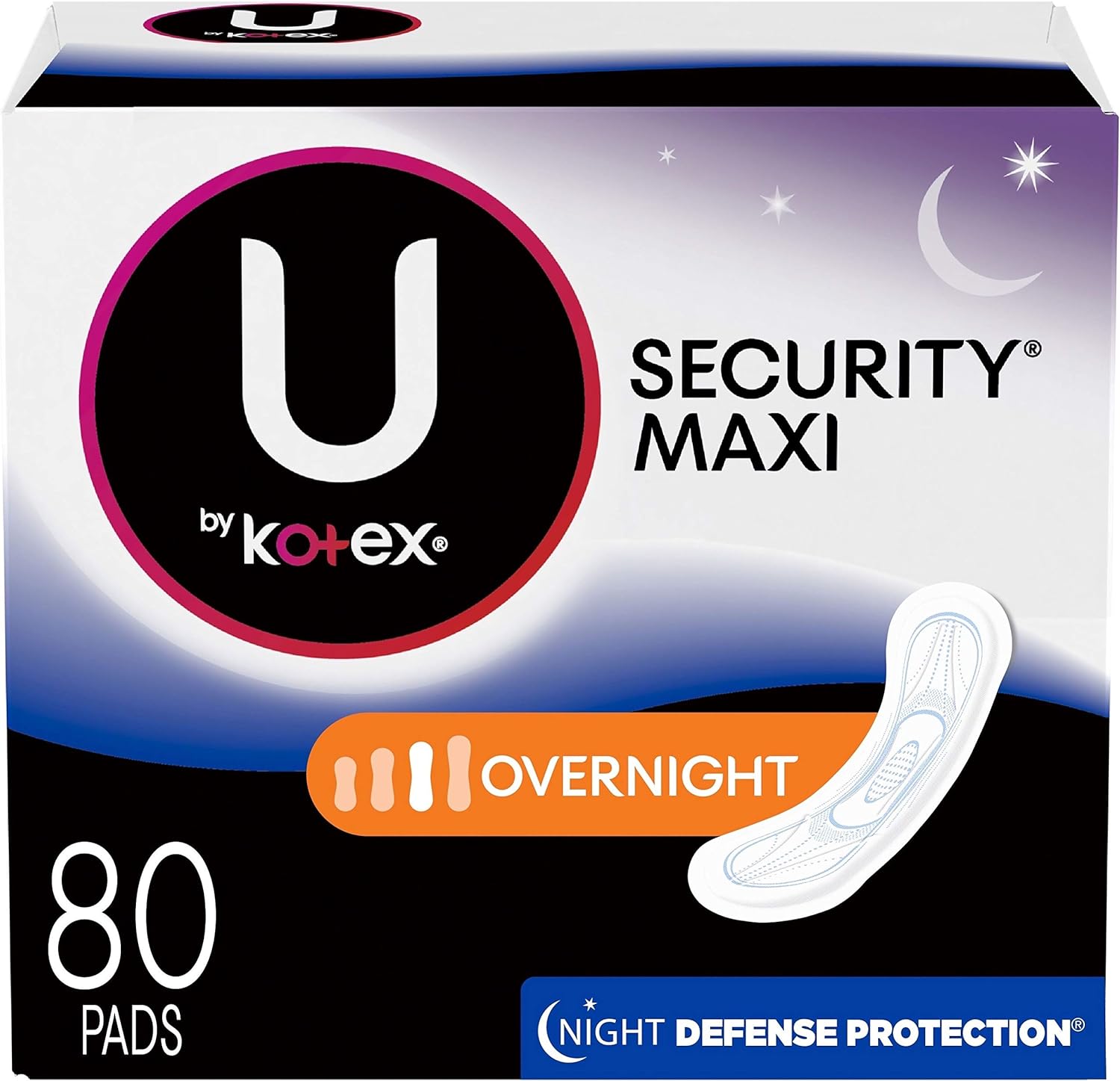 U by Kotex Security Feminine Maxi Pad, Overnight, Unscented, 80 Count (2 Packs of 40) (Packaging May Vary) : Health & Household