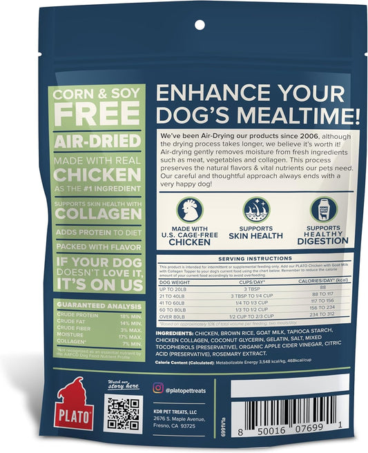 Plato Pet Treats Air Dried Dog Food Topper, Chicken With Goat Milk & Collagen Recipe, Superfood, Grain Free, Made In The Usa, 5.5Oz