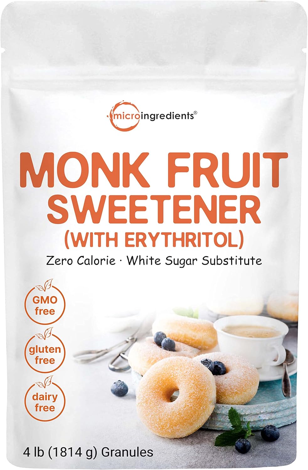Monk Fruit Sweetener with Erythritol Granules, 4 Pounds, No After Taste, 1:1 White Sugar Substitute, Keto Diet Friendly, Zero Calorie, Natural Sweetener for Drinks, Coffee, Tea, Cookies, No-GMO, Vegan