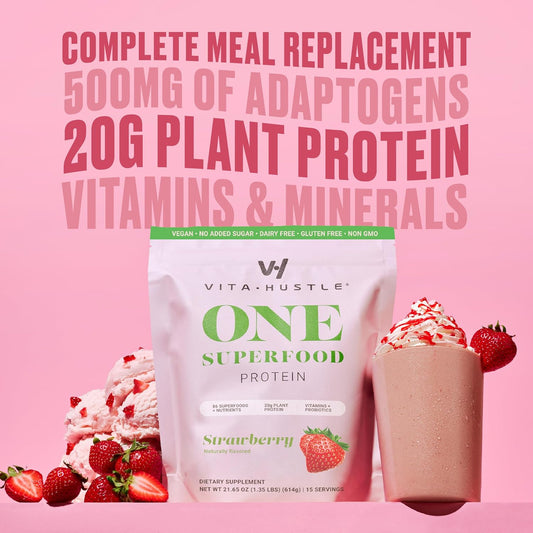 Vitahustle One - Superfood Meal Replacement Shake, Plant Based Protein Powder, Vegan. 86 Superfoods, Vitamins, & Minerals, Ashwagandha, Adaptogens. Founded By Kevin Hart. (Strawberry) 15 Servings