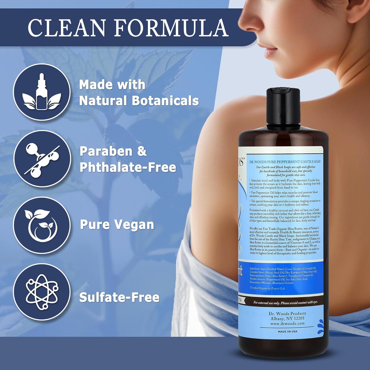 Dr. Woods Peppermint Liquid Castile Soap - Castile Soap With Pure Peppermint Oil, Body Wash For Men And Women, Contains Organic Shea Butter, Natural Cleaner For Face, Hands, And Body - 32 Fl Oz : Bath Soaps : Beauty & Personal Care
