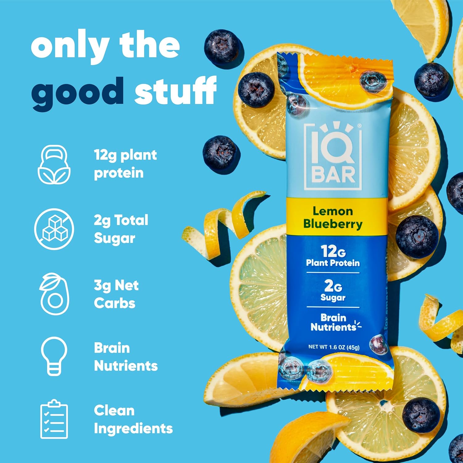 IQBAR Brain and Body Plant Protein Bars - Lemon Blueberry - 12 Count, Low Carb, High Fiber, Gluten Free, Healthy Vegan Snacks - Low Sugar Keto Bar : Grocery & Gourmet Food