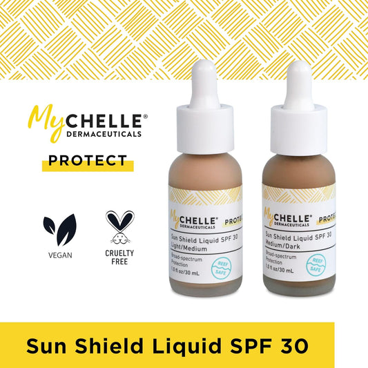 MyChelle Dermaceuticals, Sun Shield Liquid SPF 30 Medium/Dark (1 Fl Oz) - Tinted Sunscreen for All Skin With Oil-Absorbing Bentonite Clay - Use as Sheer Foundation or Makeup Primer for Matte Finish