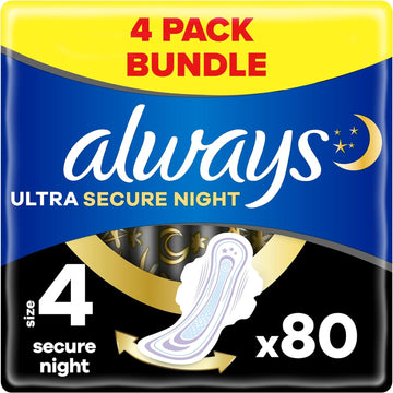 Always Ultra Sanitary Towels, Size 4, Secure Night, Heavy Flow, 80 Pads With Wings (20 x 4 Packs) SAVING PACK, Locks Wetness Leaks & Odours, Thin And Discreet