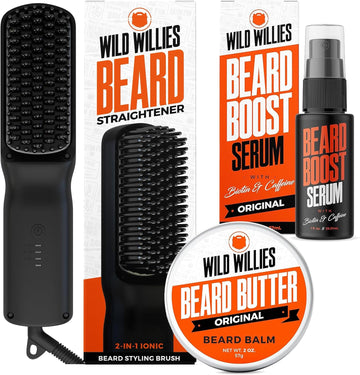 Wild Willies Beard Care Kit: Beard Butter, Boost Serum, Straightener Brush For Thicker, Fuller Hair