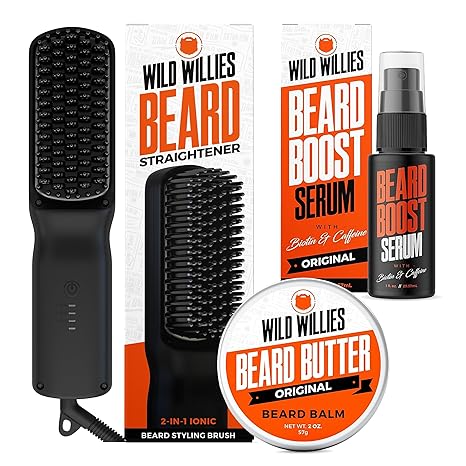 Wild Willies Beard Care Kit: Heated Beard Straightener For Men, Beard Butter, & Beard Growth Serum - Ultimate Grooming Tool Set, Beard Balm, Hydrating Serum, Hot Comb Beard Brush For Daily Use