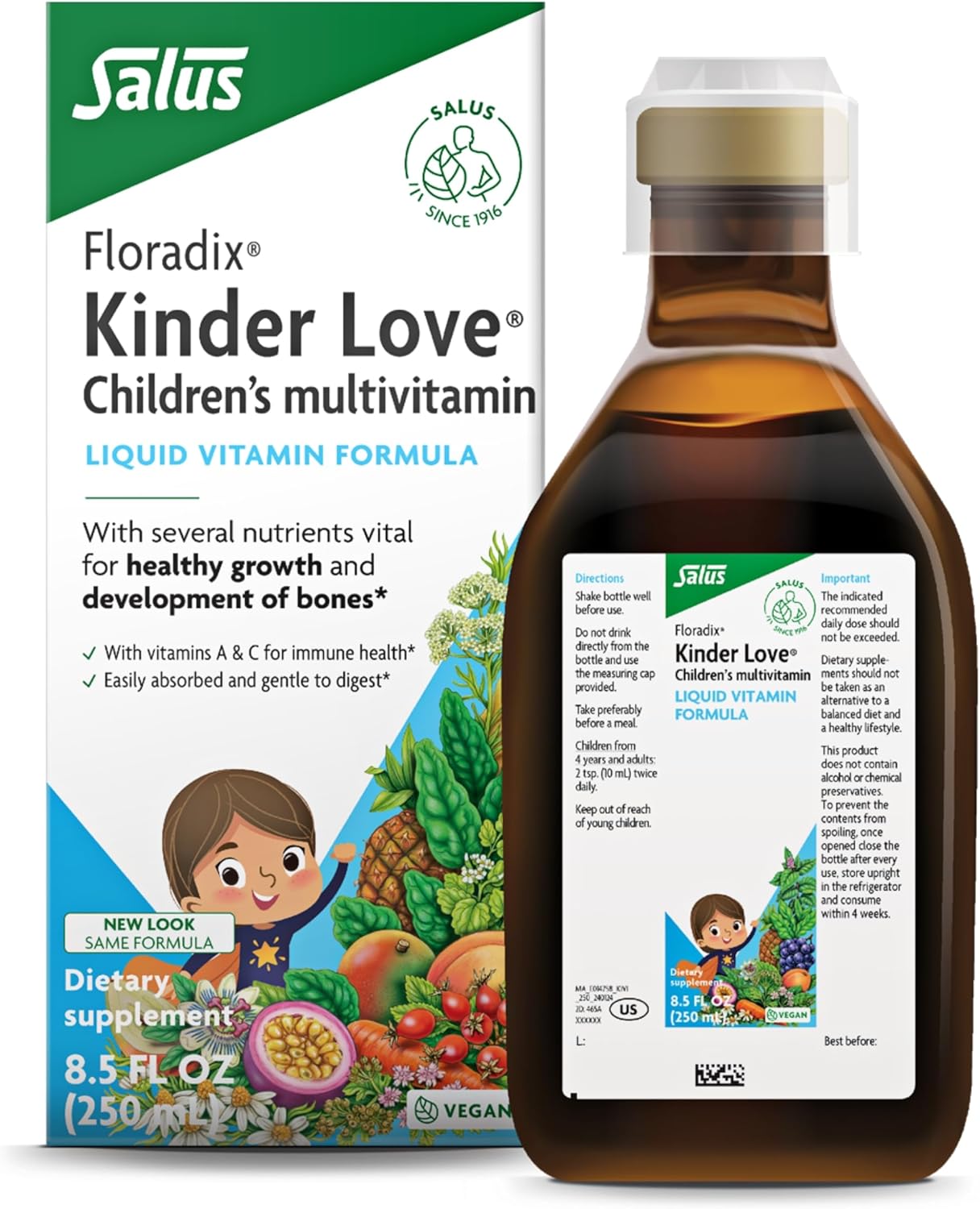 Floradix Kinder Love Children'S Multivitamin - Liquid Multivitamin For Kids With Vitamins A, C, D & E, Calcium & More - Vegetarian, Non-Gmo, Gluten-Free - 16.9 Fl Oz