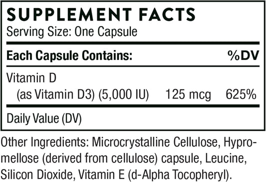 Thorne Vitamin D-5000 - Vitamin D3 Supplement - 5,000 IU - Support Healthy Bones, Teeth, Muscles, Cardiovascular, and Immune Function - NSF Certified for Sport - Dairy-Free, Soy-Free - 60 Capsules