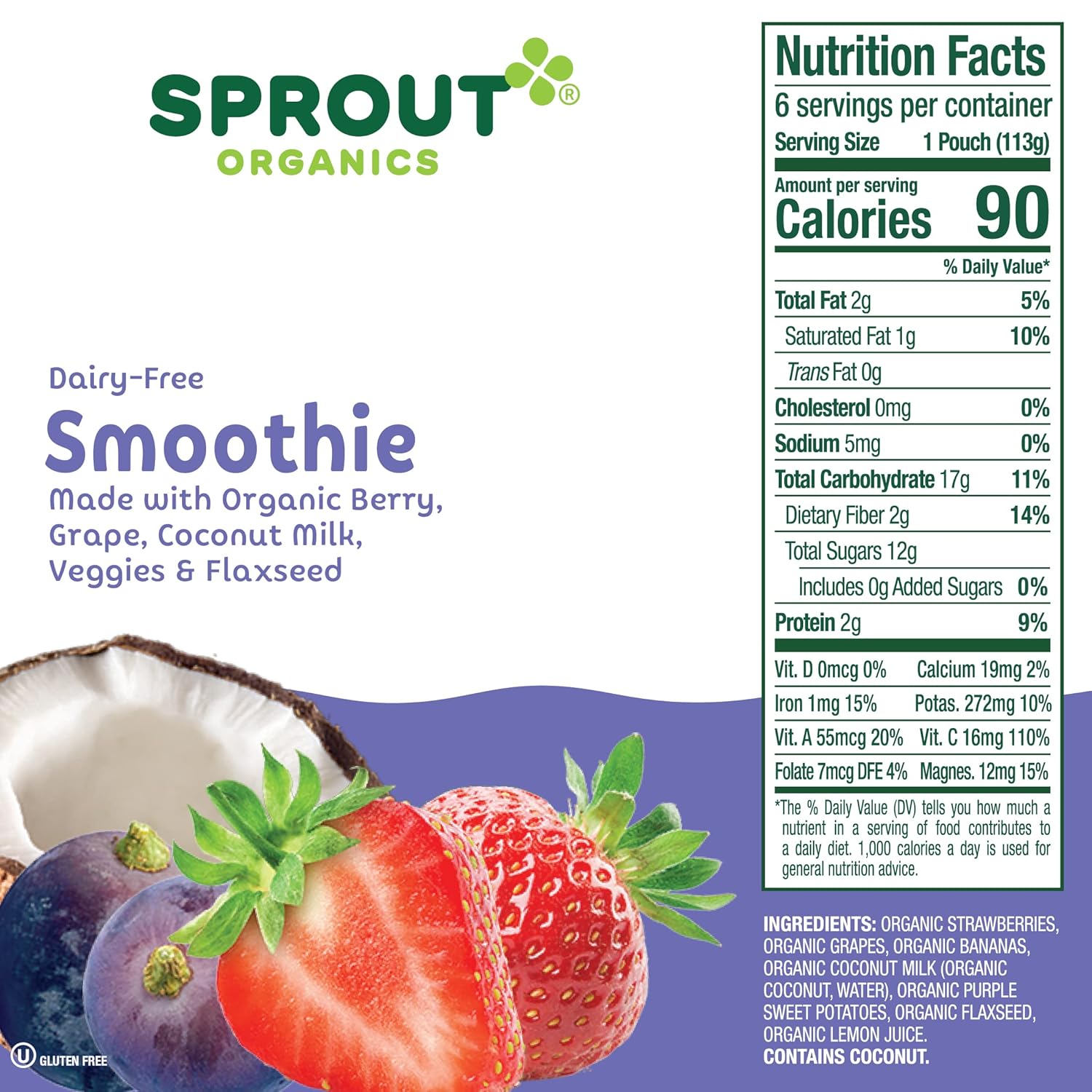 Sprout Organics, Dairy-Free Smoothie, Berry, Grape, Coconut Milk, Veggies & Flax Seed, 12+ Month Pouches, 4 Oz (12-Count)