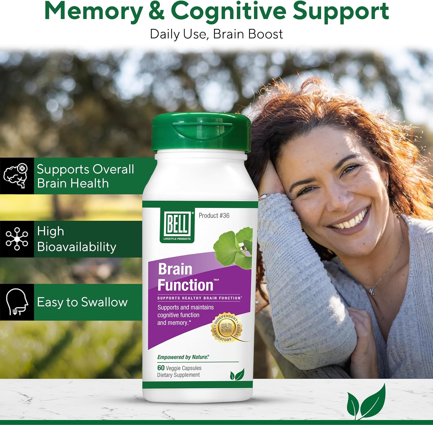 Bell Brain Function Lifestyle, Supports Cognitive Health With Ginkgo, Vitamin B12, Folate - 60 Vegetarian Capsules : Health & Household