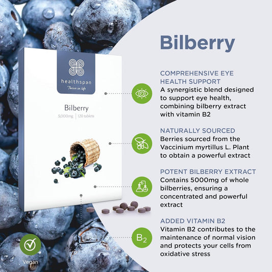 Healthspan Bilberry | 120 Tablets | Naturally Sourced | Vitamin B2 | Fresh Bilberries | Vegan