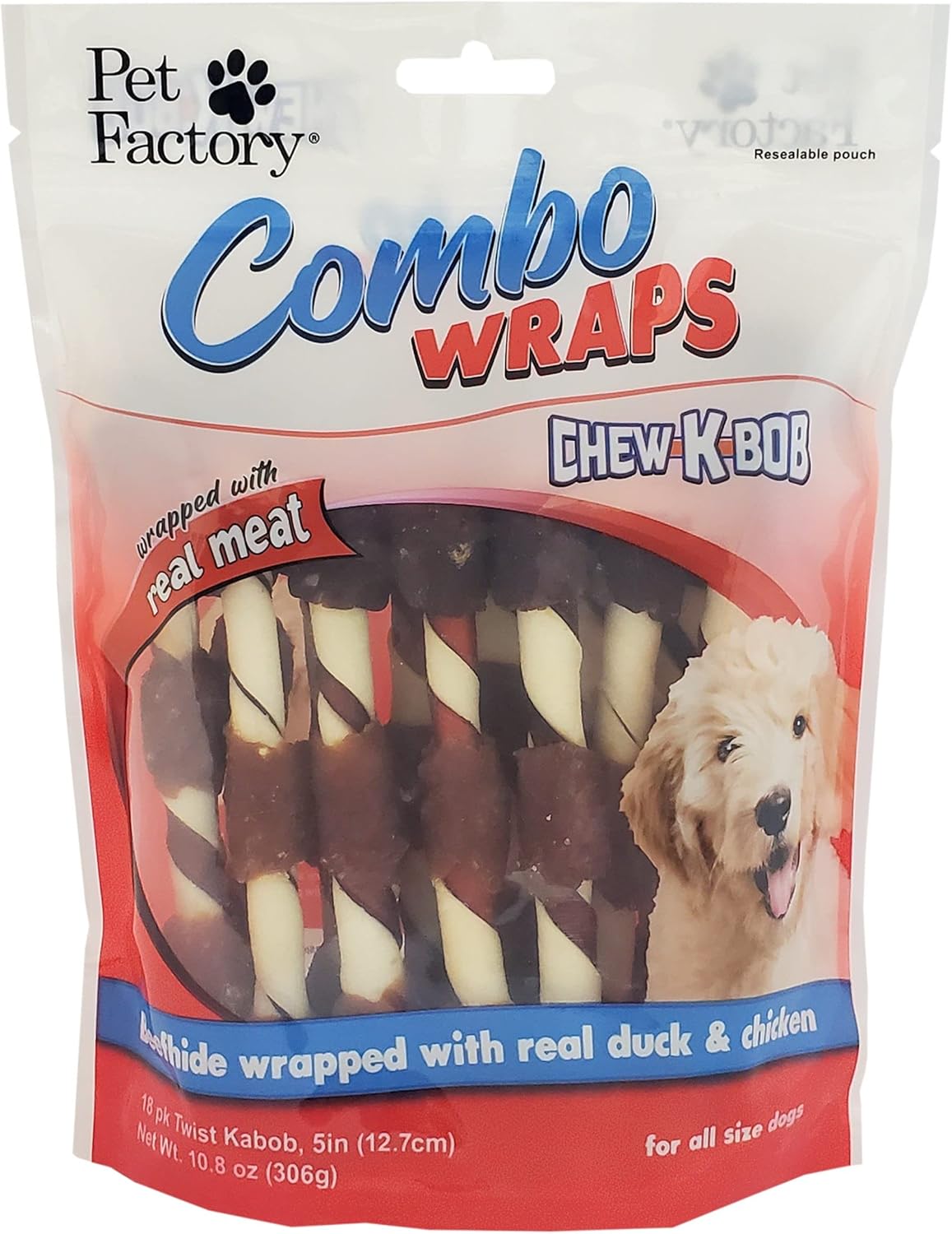 Pet Factory Combo Wraps Pork Flavored Beefhide 5" Twist Kabobs Dog Chew Treats W/ Real Chicken & Duck Meat Wrap - 18 Count/1 Pack