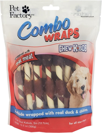 Pet Factory Combo Wraps Pork Flavored Beefhide 5" Twist Kabobs Dog Chew Treats W/ Real Chicken & Duck Meat Wrap - 18 Count/1 Pack