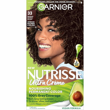 Garnier Hair Color Nutrisse Nourishing Creme, 33 Darkest Golden Brown (Caramel Fudge) Permanent Hair Dye, 1 Count (Packaging May Vary)