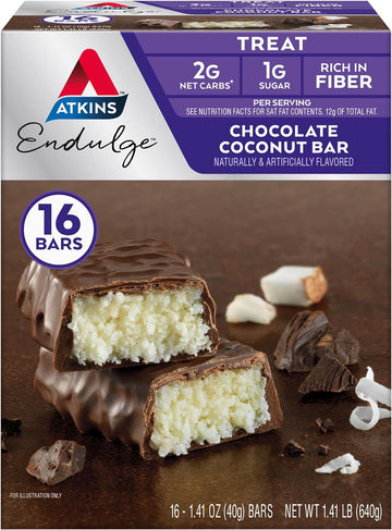 Atkins Endulge Chocolate Coconut Bar, Dessert Favorite, High in Fiber, 1g Sugar, 16 Count