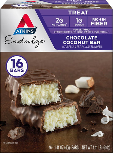 Atkins Endulge Chocolate Coconut Bar, Dessert Favorite, High In Fiber, 1G Sugar, 16 Count