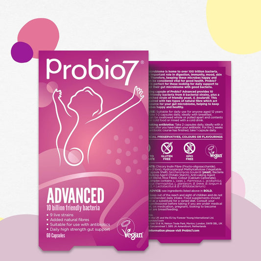 Probio7 Advanced | Friendly Bacteria for Adults | 9 Live Strains | 10 Billion CFU + 2 Types of Prebiotic Fibre (Pack of 120)