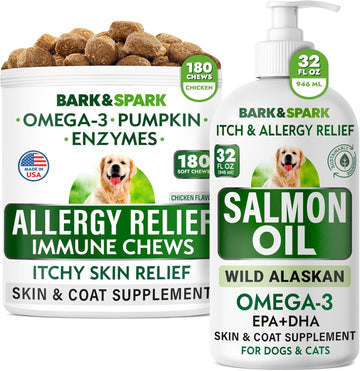 Allergy Relief + Salmon Oil Bundle - Anti-Itch Skin + Skin & Coat Support - Omega 3 Fish Oil + Epa & Dha Fatty Acids - Itching & Paw Licking + Immune & Heart Health - 180 Chews + 32 Oz- Made In Usa