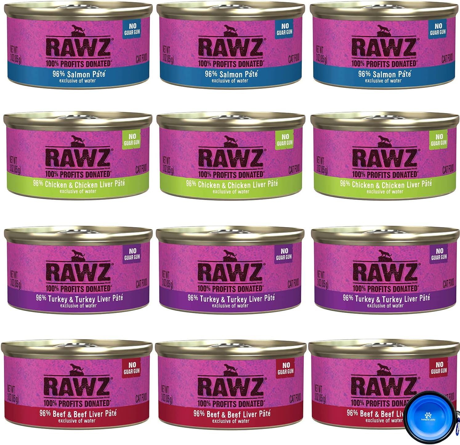 Rawz Natural Premium Pate Canned Cat Wet Food -12 Pack Cans Variety Bundle Pack -4 Flavors - (Salmon, Chicken, Turkey, Beef) With Hotspot Pets Food Bowl - (3Oz Cans)