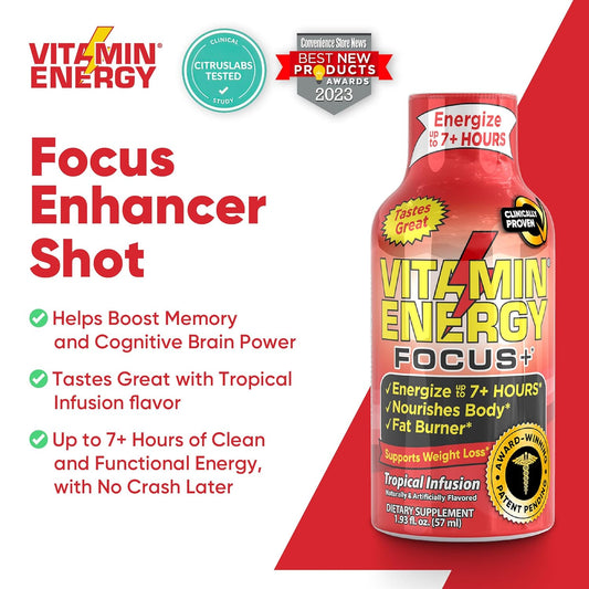 (12 Pack) Vitaminenergy™ Keto Energy Shot, Focus+, Zero Sugar Energy Shot Vitamin Drink, Energy Lasts Up To 7+ Hours, Packed With Bcaas & Coq10, Keto-Friendly, 0 Sugar, Focus+, 1.93 Fl Oz