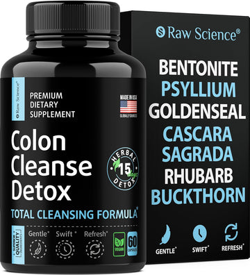 S Raw Science Colon Cleanse - 15 Day Gut Cleanse Detox - Bloating & Constipation Relief For Women & Men - Fiber Pill Bentonite Clay, Psyllium Husk - Heavy Metal Detox, Bowel Laxatives - 60 Capsules