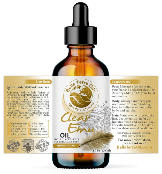 Bella Terra Oils - Clear Emu Oil 4oz - Inspired by Nature's Perfection, High in Omega-3 & Omega-6 Acids, Skin's Best Companion for Moisturization