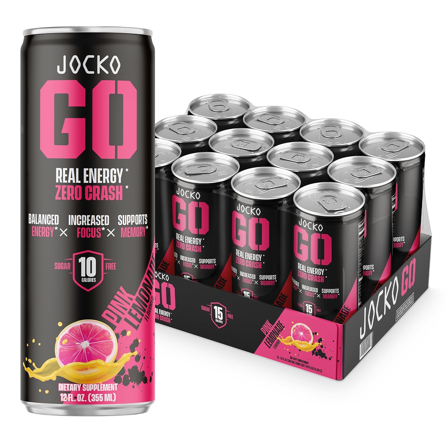 Jocko Go Energy Drink - Keto, Vitamin B12, Vitamin B6, Electrolytes, L Theanine, Magnesium- All Natural Energy Boost, Sugar Free Nootropic Monk Fruit Blend - 12 Pack (Pink Lemonade)