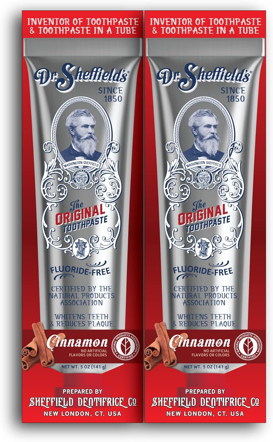 Dr. Sheffield’s Certified Natural Toothpaste (Cinnamon) - Great Tasting, Fluoride Free Toothpaste/Freshen Your Breath, Whiten Your Teeth, Reduce Plaque (2-Pack)