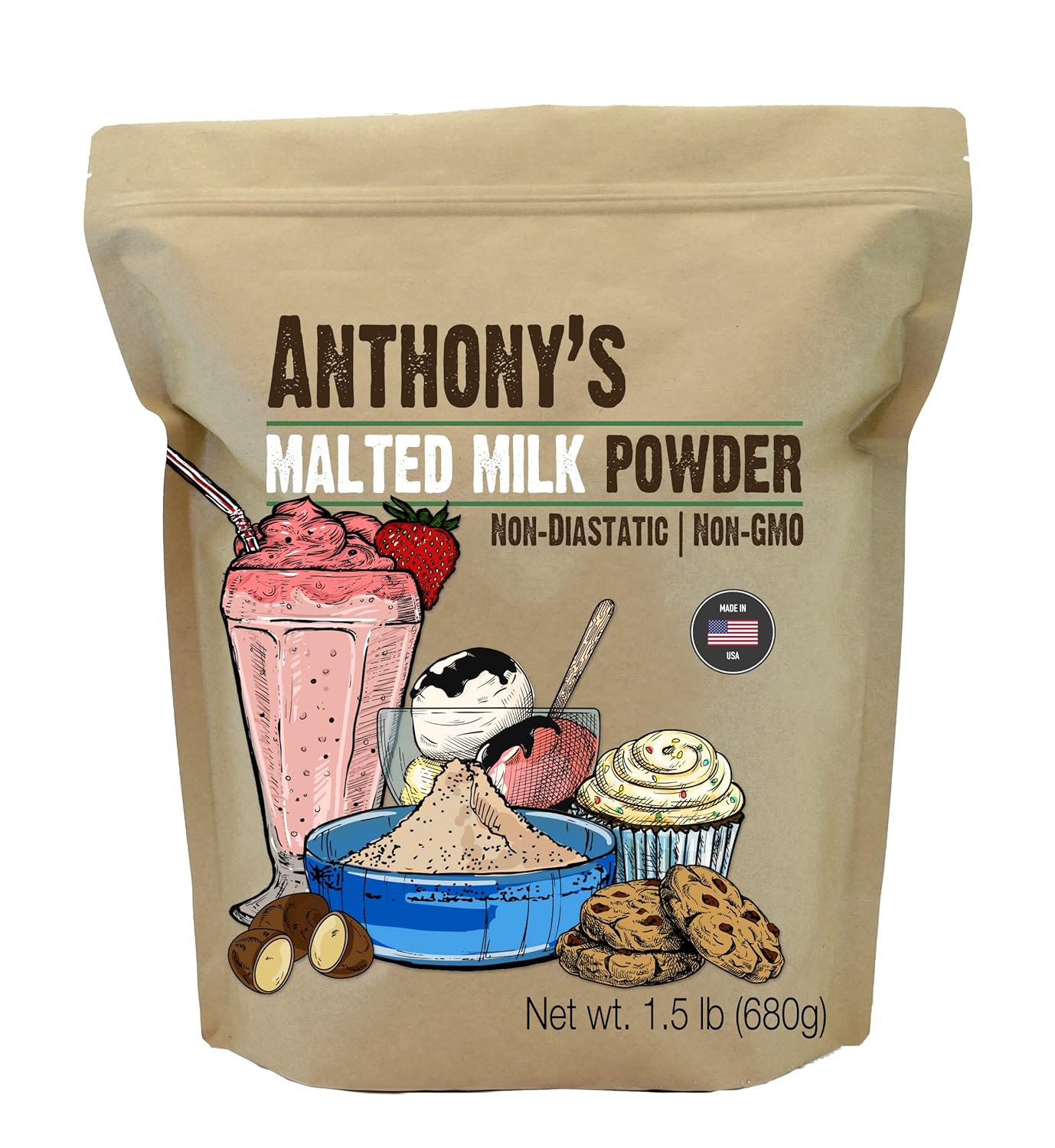 Anthony'S Malted Milk Powder 1.5Lb, For Ice Cream, Milk Shakes, And Baking, Non Gmo, Made In Usa