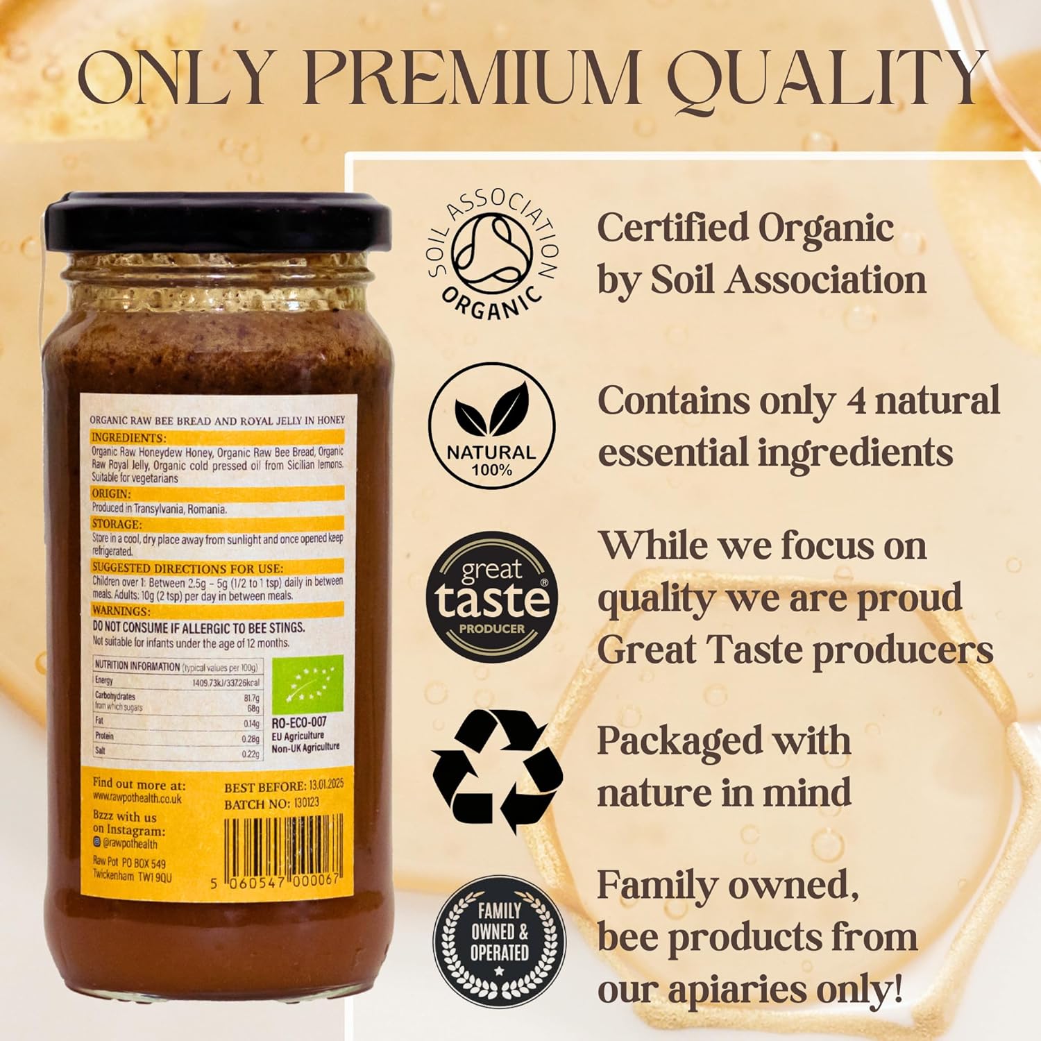 RAW POT - ORGANIC RAW BEE BREAD AND ROYAL JELLY IN HONEY - Natural Pure Unpasteurised Honey with Antioxidants & Phytonutrients for Immunity, Detox, Digestion, Energy Support | For Kids & Adults (295g) : Amazon.co.uk: Grocery