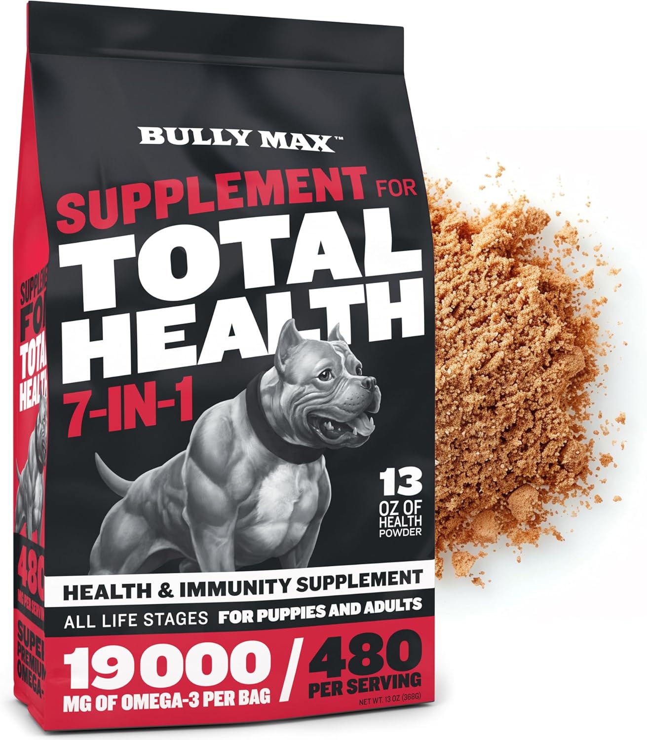 Bully Max 7-In-1 Total Health & Immunity Dog Multivitamin Powder - Omega 3 Vitamin Supplements For Immune System, Heart, Digestive & Joint Health - Puppy & Adult Dogs Vitamins For All Breeds, 13Oz Bag