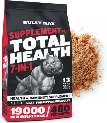 Bully Max 7-In-1 Total Health & Immunity Dog Multivitamin Powder - Omega 3 Vitamin Supplements For Immune System, Heart, Digestive & Joint Health - Puppy & Adult Dogs Vitamins For All Breeds, 13Oz Bag