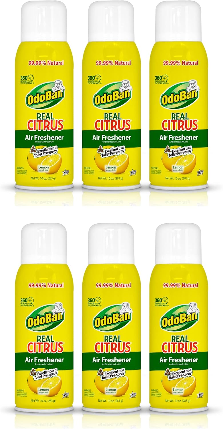 OdoBan Aroma Eliminator, 360-Degree Continuous Spray Natural Oil Real Citrus Air Freshener, Toilet Spray, 6-Pack, 10 Ounces Each, Lemon Scent