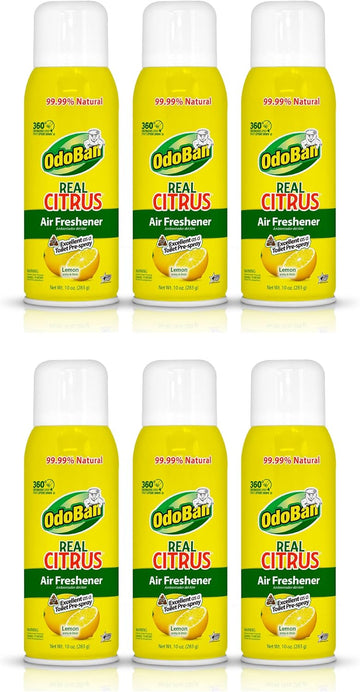 OdoBan Aroma Eliminator, 360-Degree Continuous Spray Natural Oil Real Citrus Air Freshener, Toilet Spray, 6-Pack, 10 Ounces Each, Lemon Scent