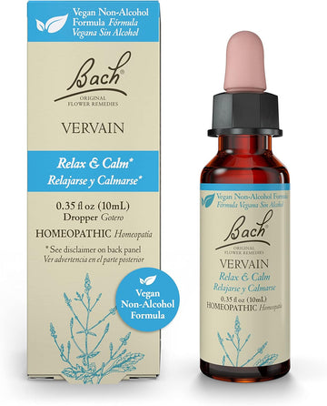 Bach Original Flower Remedies, Vervain for Relaxation and Calm (Non-Alcohol Formula), Natural Homeopathic Flower Essence, Holistic Wellness and Stress Relief, Vegan, 10mL Dropper