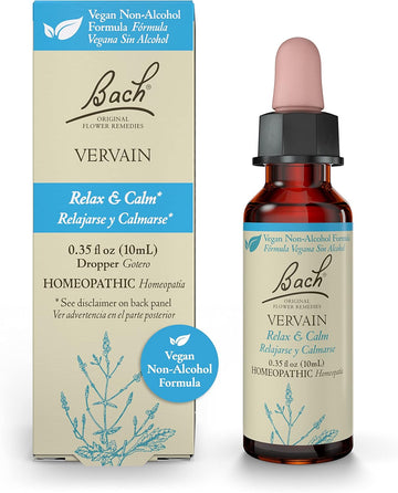 Bach Original Flower Remedies, Vervain For Relaxation And Calm (Non-Alcohol Formula), Natural Homeopathic Flower Essence, Holistic Wellness And Stress Relief, Vegan, 10Ml Dropper