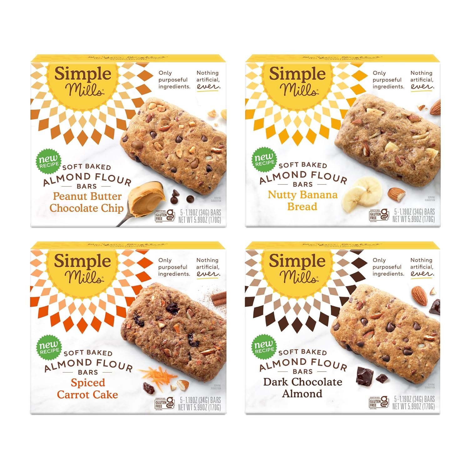 Simple Mills Almond Flour Snack Bars (Nutty Banana, Spiced Carrot Cake, Dark Chocolate Almond, Peanut Butter Chocolate Chip) - Gluten Free, Made With Organic Coconut Oil, Breakfast Bars, Healthy Snacks, 6 Ounce (Pack Of 4)